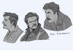 three sketches of the same man in different poses, one with his mouth open and another with