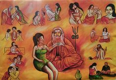 an image of a painting on the wall with people in different poses and colors around it