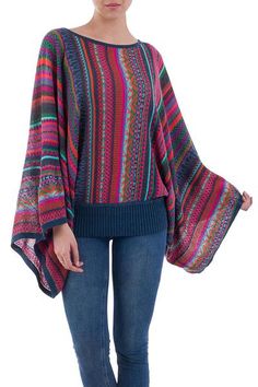 Sweater, 'Fiesta of Color' - Colorful Striped Alpaca Wool Blend Sweater from Peru (image 2a) Peru Fashion, Patterned Sweaters, Striped Kimono, Poncho Top, Striped Pullover, Poncho Tops, Blue Pullover, Sweater Gift, Knitted Poncho