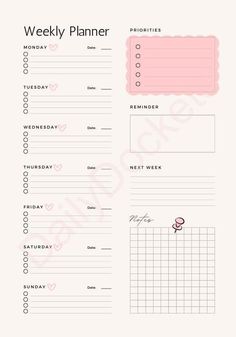 a printable weekly planner with pink hearts