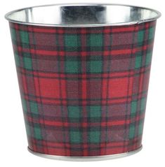 a red and green plaid cup with metal rim