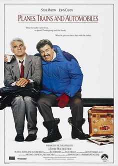 the movie poster for planes, trains and automobiles with two men sitting on a bench