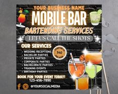 a sign advertising a mobile bar called battening services with cocktails on sticks