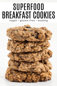 a stack of cookies with the words superfood breakfast cookies vegan gluten - free healthy