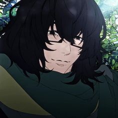 an anime character with black hair and glasses in front of green foliage, looking at the camera