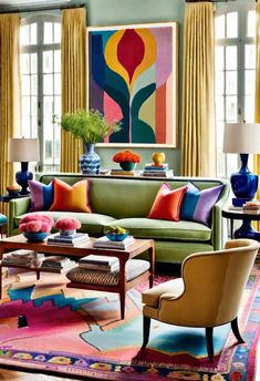 a living room filled with lots of furniture and colorful paintings on the wall behind it