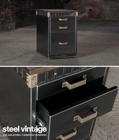 an old dresser has been transformed into a modern desk with brass handles and drawers for storage