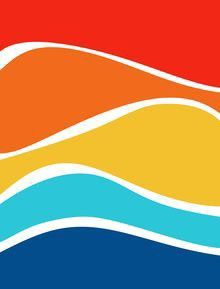 an orange, yellow and blue background with wavy lines on the bottom left side of the image