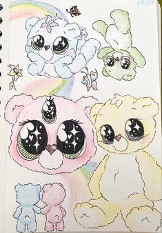 Six sketches of rainbow bears Care Bear Drawing Step By Step, Bear Sketches, Easter Drawings, Abstract Art Wallpaper, Easy Doodles Drawings, Trippy Art