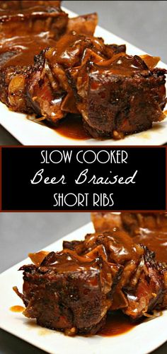 slow cooker beef braised short ribs on a white plate with brown gravy