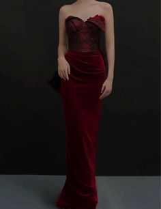 Gothic Burgundy Red Velvet Mermaid Formal Dress -Ball Gown Plus Size - WonderlandByLilian Burgandy Velvet Dress, Gothic Mermaid Dress, Black And Red Evening Gown, Red Christmas Gown, Red Dark Dress, Velvet Couture Dress, Goth Red Dress, Florence Wardrobe, Gothic Red Dress