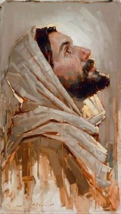 an oil painting of a man with a beard wearing a shawl and looking up