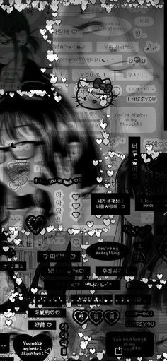 a woman's face is surrounded by many stickers and hearts in black and white