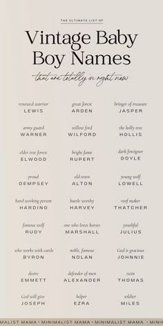 the vintage baby boy names are shown in black and white