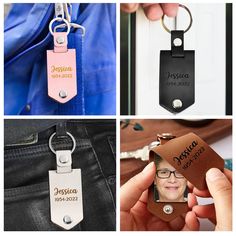 four different photos with the same name on each keychain as well as an image of a woman's purse