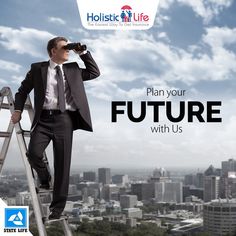 a man in a suit standing on a ladder and drinking from a cup with the words, plan your future with us