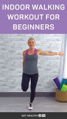 a woman is running with the words indoor walking workout for beginners on her chest