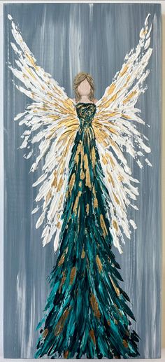 a painting of an angel with gold and green feathers on it's wings, standing in front of a blue background