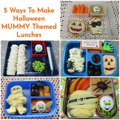 there are many different foods in the trays with words on them that read 5 ways to make halloween mummy themed lunches