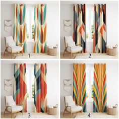 four different views of colorful curtains in the living room