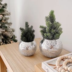 two potted plants sitting on top of a wooden table next to a christmas tree