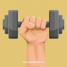 a hand holding two dumbbells in front of a yellow background