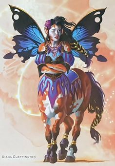 a painting of a woman riding on the back of a brown horse with butterfly wings