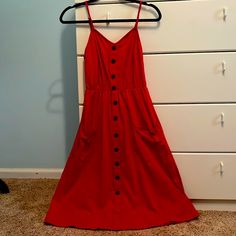 Nwot Small Red Dress. Decorative Fake Buttons Down Front, Two Front Pockets, And Adjustable Straps. Perfect Condition. Small Red Dress, Red Dress, Colorful Dresses, Adjustable Straps, Womens Dresses, Red, Women Shopping, Dresses, Color