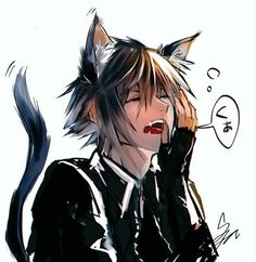 an anime character is talking on the phone with his cat ears up and eyes closed