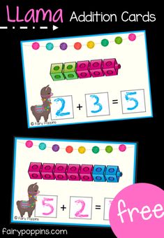 the llama addition cards are shown with free printable numbers for kids to use