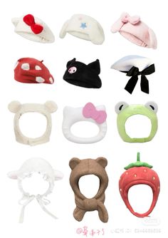 many different types of baby hats are shown in this image with the words hello kitty on them