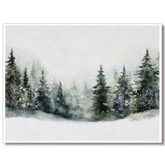 a watercolor painting of trees in the snow