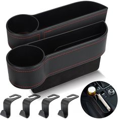 car cup holder with 6 cups and 4 hooks for steering wheel center hubs, black / red stitching