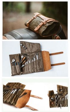 an open leather case with tools in it and two pictures showing the inside of it