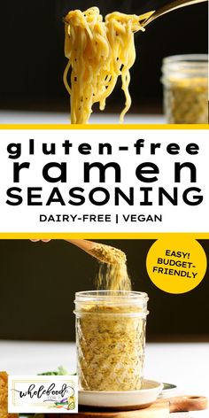 gluten - free ramen seasoning recipe in a jar with a spoon