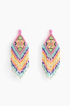 two pairs of colorful beaded earrings against a white background