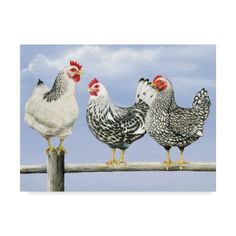 a group of chickens sitting on top of a wooden fence post next to each other