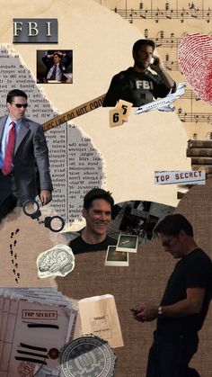 collage of various images with men in business attire and music notes on the wall