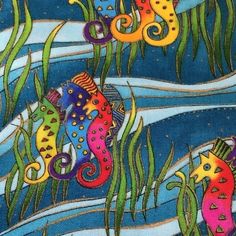 an image of seahorses in the water with plants and fish on it's sides