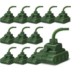 six green plastic tanks are lined up together