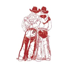 two men in cowboy hats hugging each other with their arms around one another, while the other man is wearing a red hat