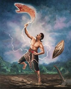 a painting of a man holding a lightning rod