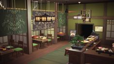 Japanese House Animal Crossing, Animal Crossing Japanese Design, Animal Crossing Room, Animal Crossing Japanese, House Animal Crossing, Japanese Kitchen Ideas, Japanese Restaurant Design