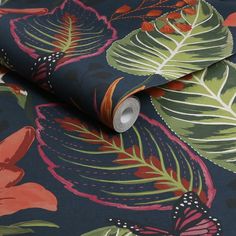 an image of a wallpaper with flowers and leaves on the back drop in dark blue