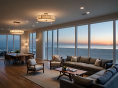 a living room filled with furniture and large windows overlooking the ocean at sunset or dawn