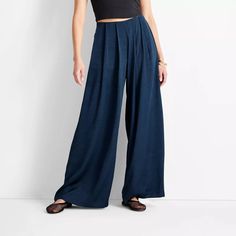 Women's Mid-rise Pleated Wide Leg Pants - Future Collective Navy Blue Xl : Target Navy Palazzo Pants, Pleated Wide Leg Pants, Teal Blue Color, Casual Bottoms, Blue Trousers, Straight Trousers, Pleated Pants, Fleece Joggers, Womens Fleece