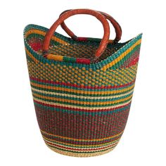 Yikene Bolga Ghana Orange Woven Shopping Basket | Chairish Transitional Cabin, Rustic Dinnerware, Boat Bag, Beach Basket, Basket Weaver, Grass Basket, African Bag, Bolga Basket, African Market