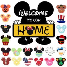 mickey mouse welcome to our home sign surrounded by cut outs