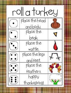 a printable roll a turkey game with dices and other things to play on it