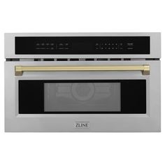 a stainless steel oven with the door open and gold handle on it's side